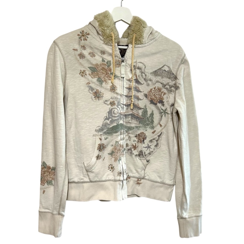 Lucky brand L fur trim hoodie Asian graphic print zip up sweatshirt indie Y2K